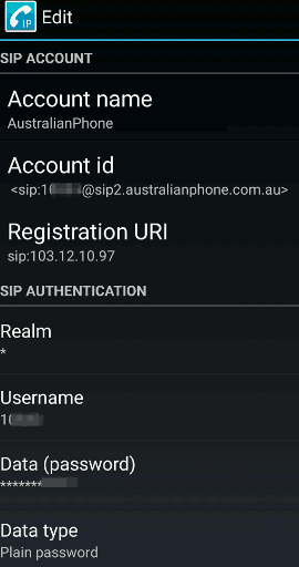 Enter standard registration details into CSipSimple