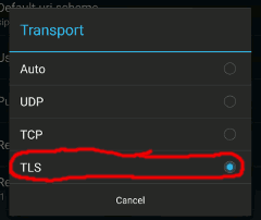 Select TLS as your transport in CSipSimple